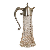 Grande aiguière ancienne en verre taillé et métal argenté – fabrication anglaise – 32 cm