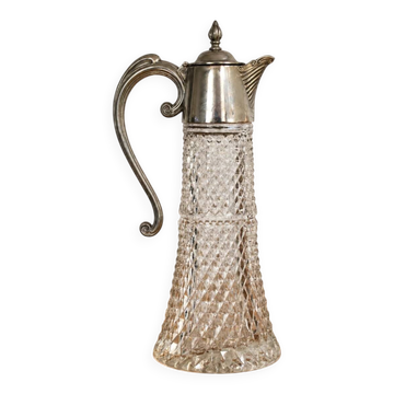 Grande aiguière ancienne en verre taillé et métal argenté – fabrication anglaise – 32 cm