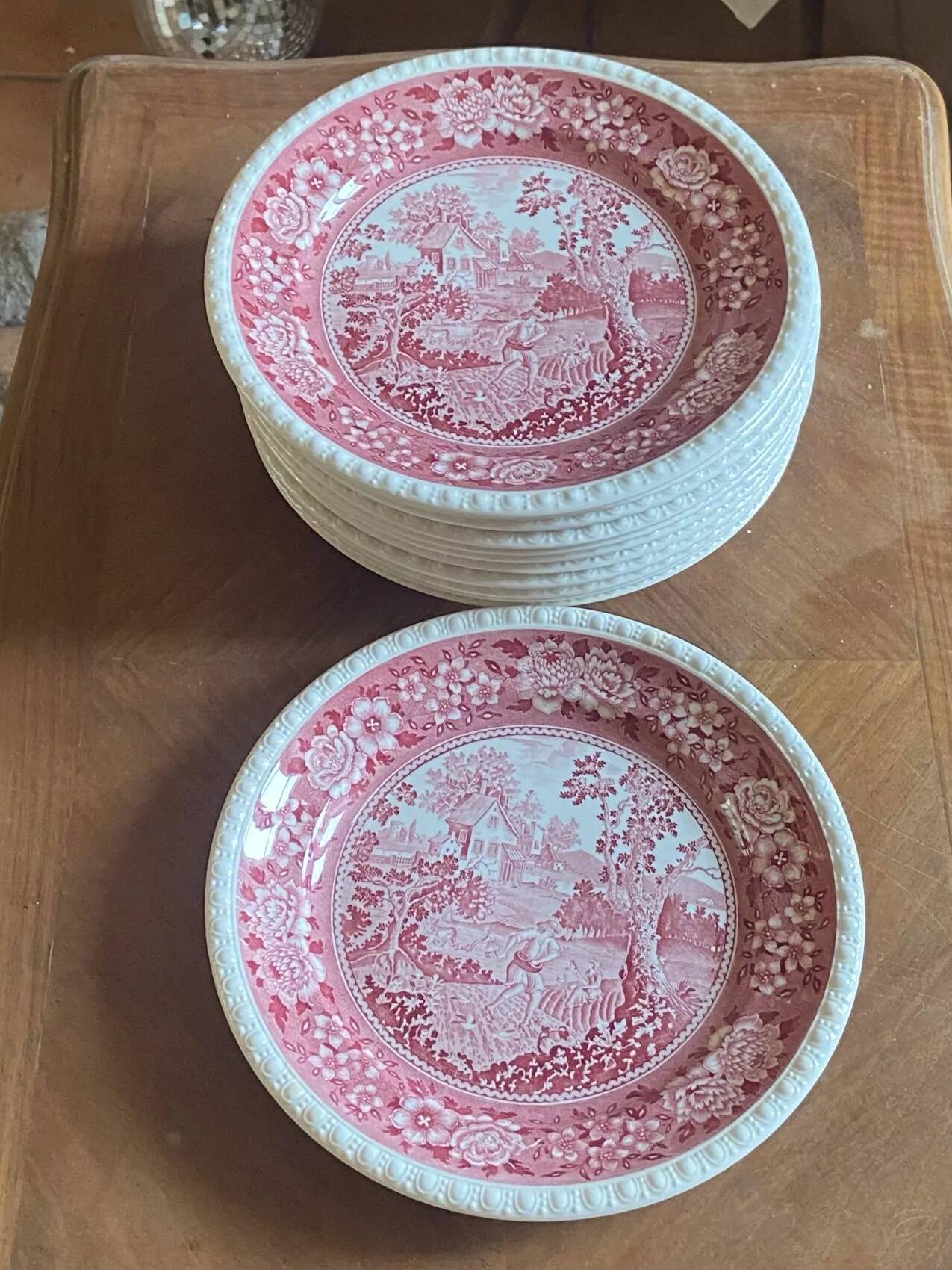 Ensemble de douze assiettes plates Villeroy & Boch – Rusticana, décor cottage anglais, coloris rose