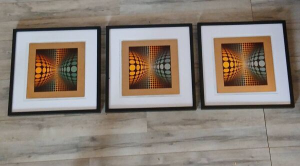 Triptyque Art Optique - Victor Vasarely - 3 Cadres 40x40cm