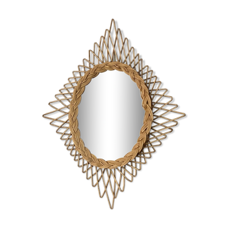 Sun mirror in woven rattan. 1960. Diamond.