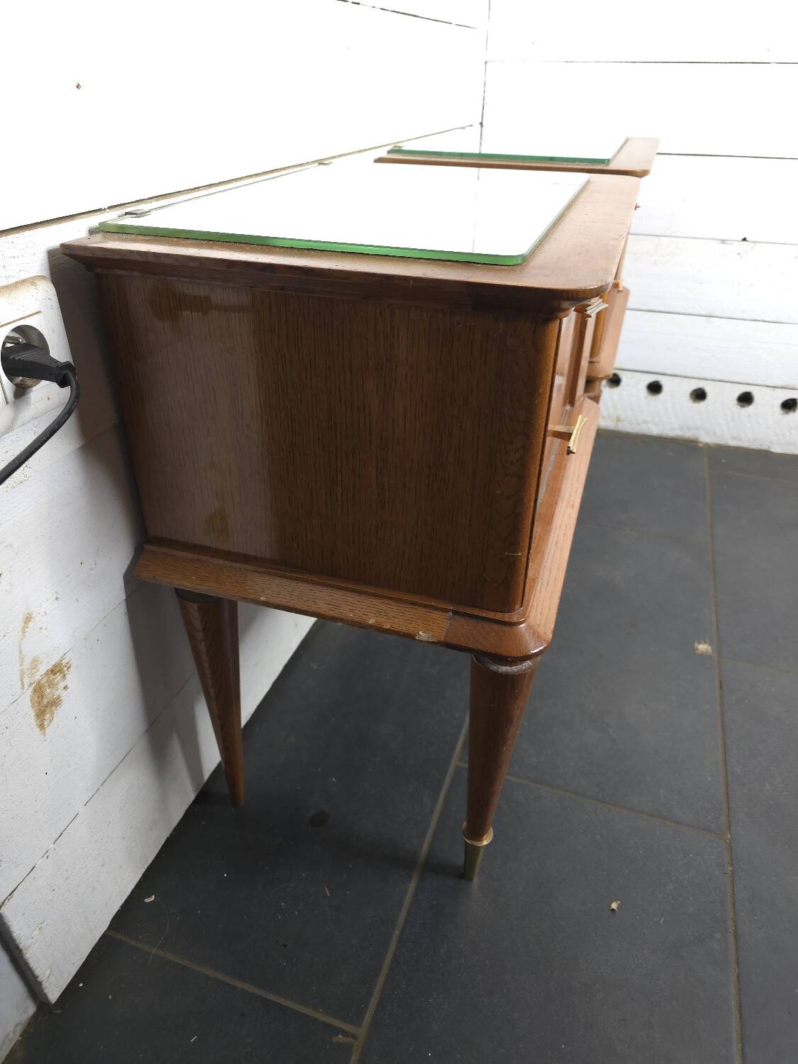 Pair of vintage oak bedside tables with mirror top