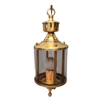 Lustre Lanterne-cage cylindre - Un feu - Années 1950/1960 - France - Laiton, Verre