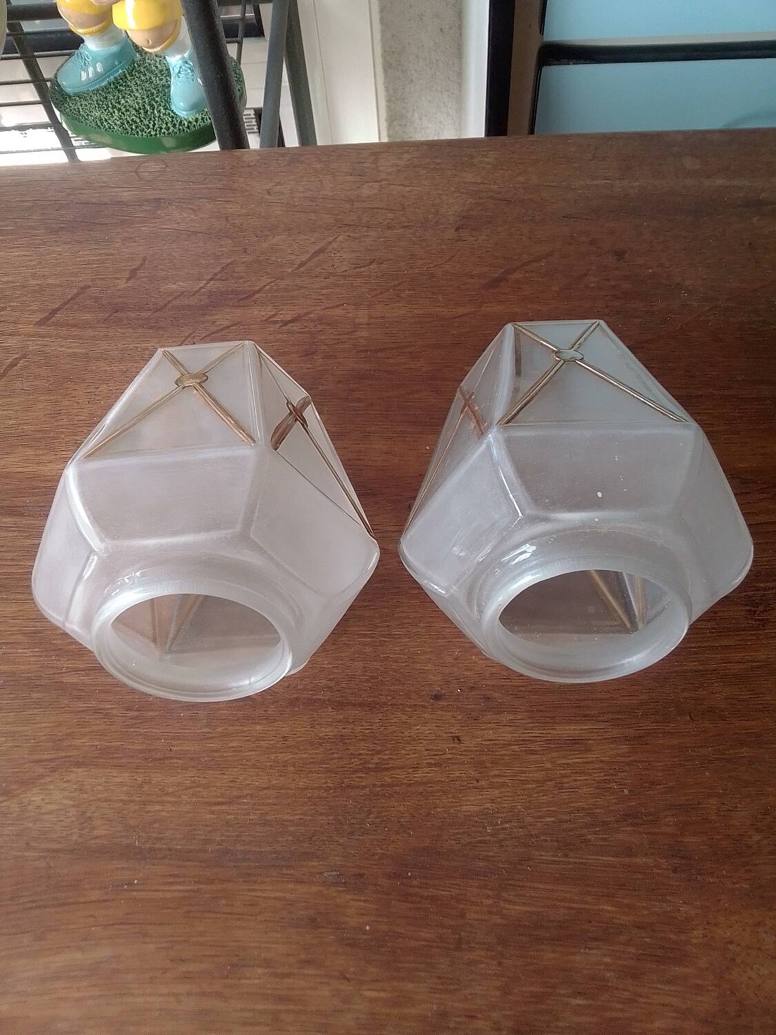 Pair of opalescent and gilded lamp glass