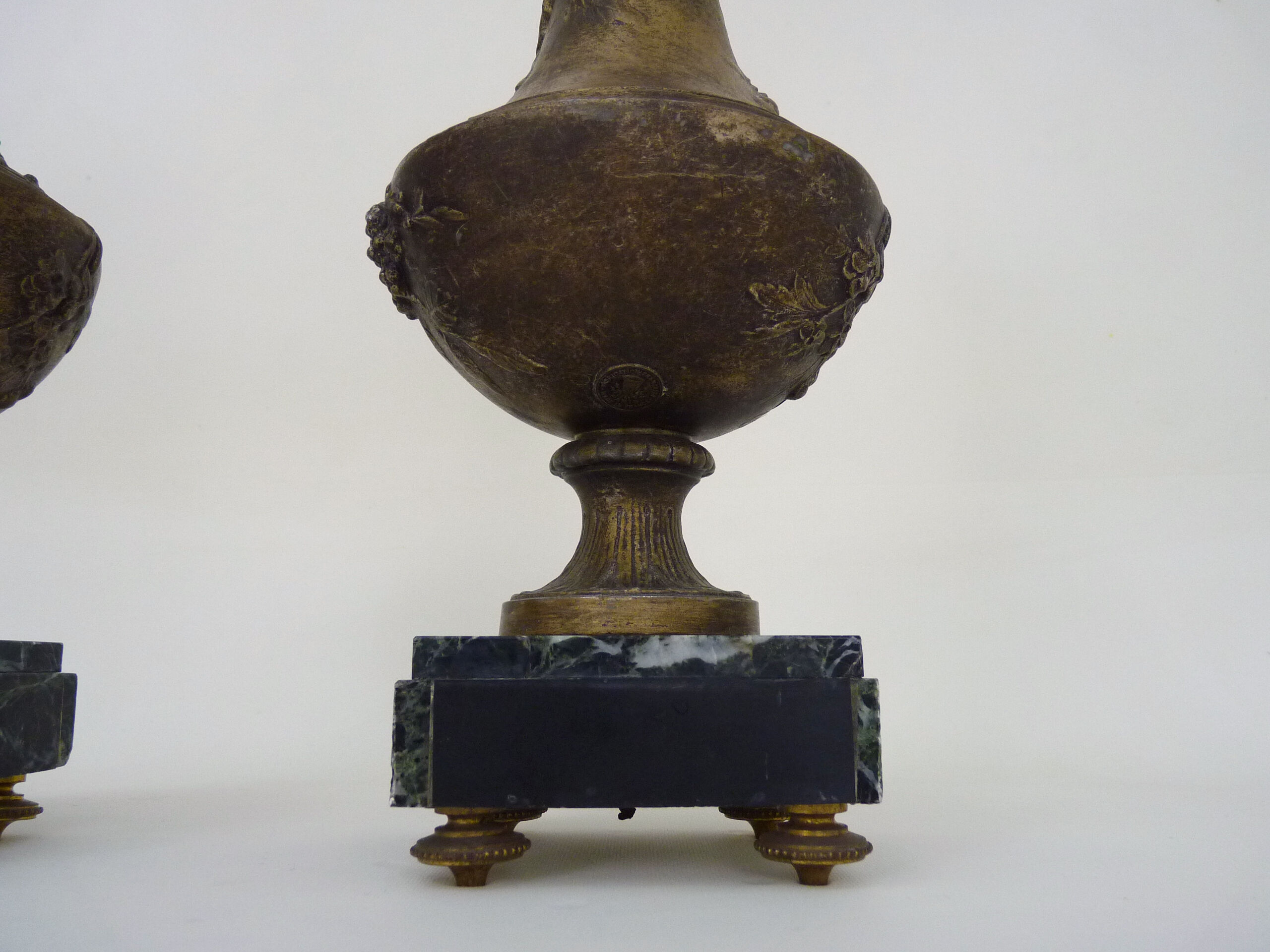 Pair of art nouveau vases in regulation on marble base signed l and f moreau