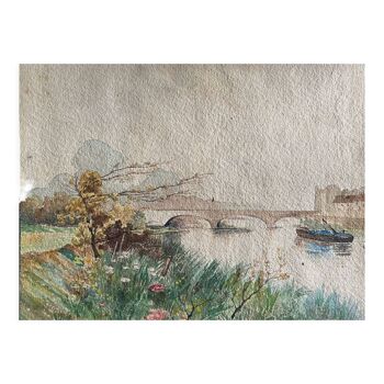 Tableau aquarelle "paysage de rivière animé" seconde moitié du xx°
