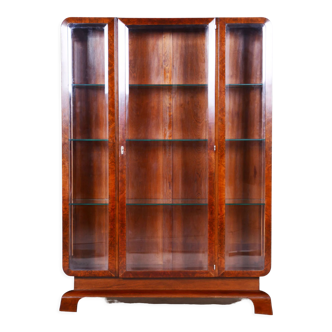 Restored art deco walnut display cabinet, revived original varnish, czechia, 1920s