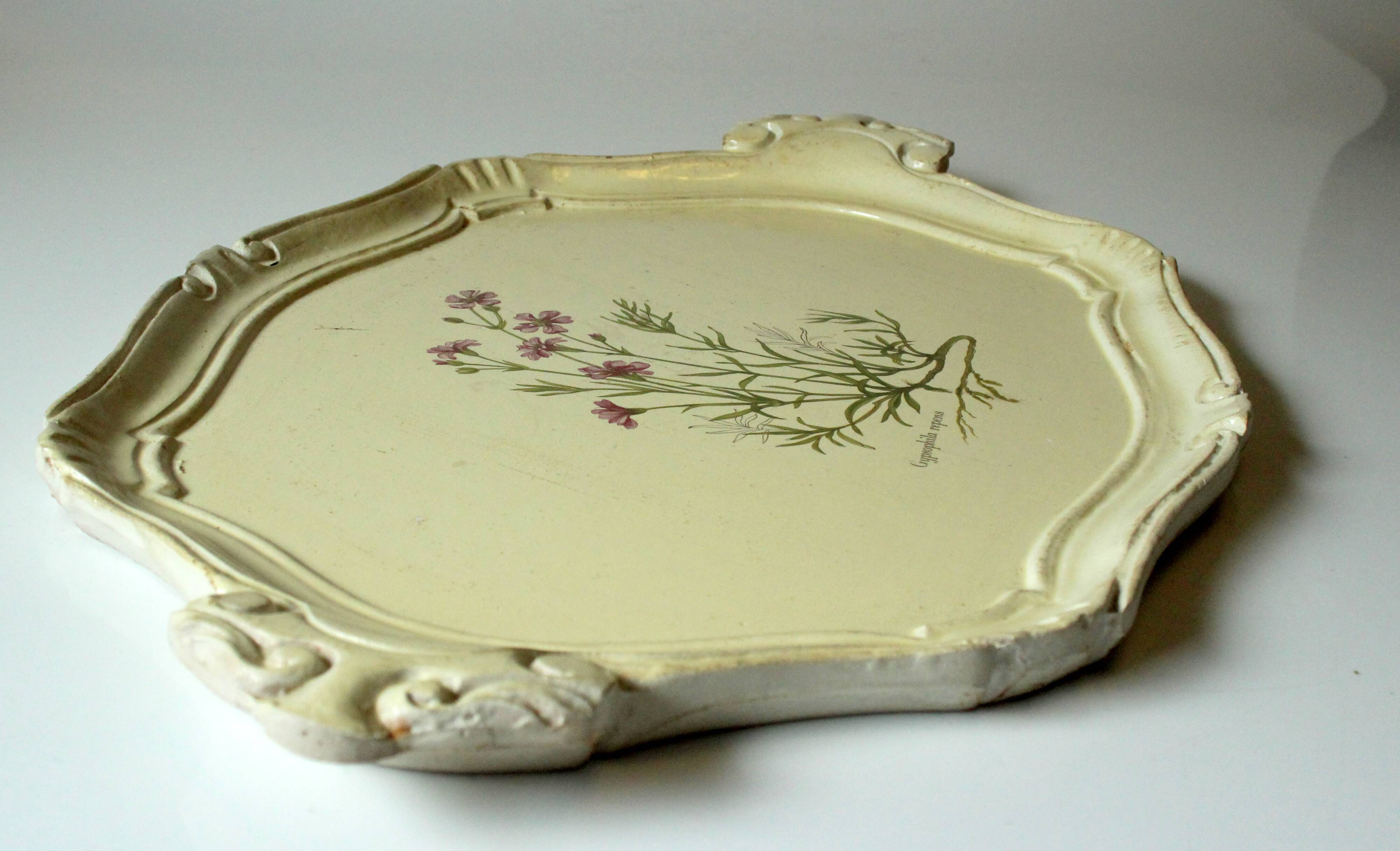 Florentine tray in white with floral decor, vintage