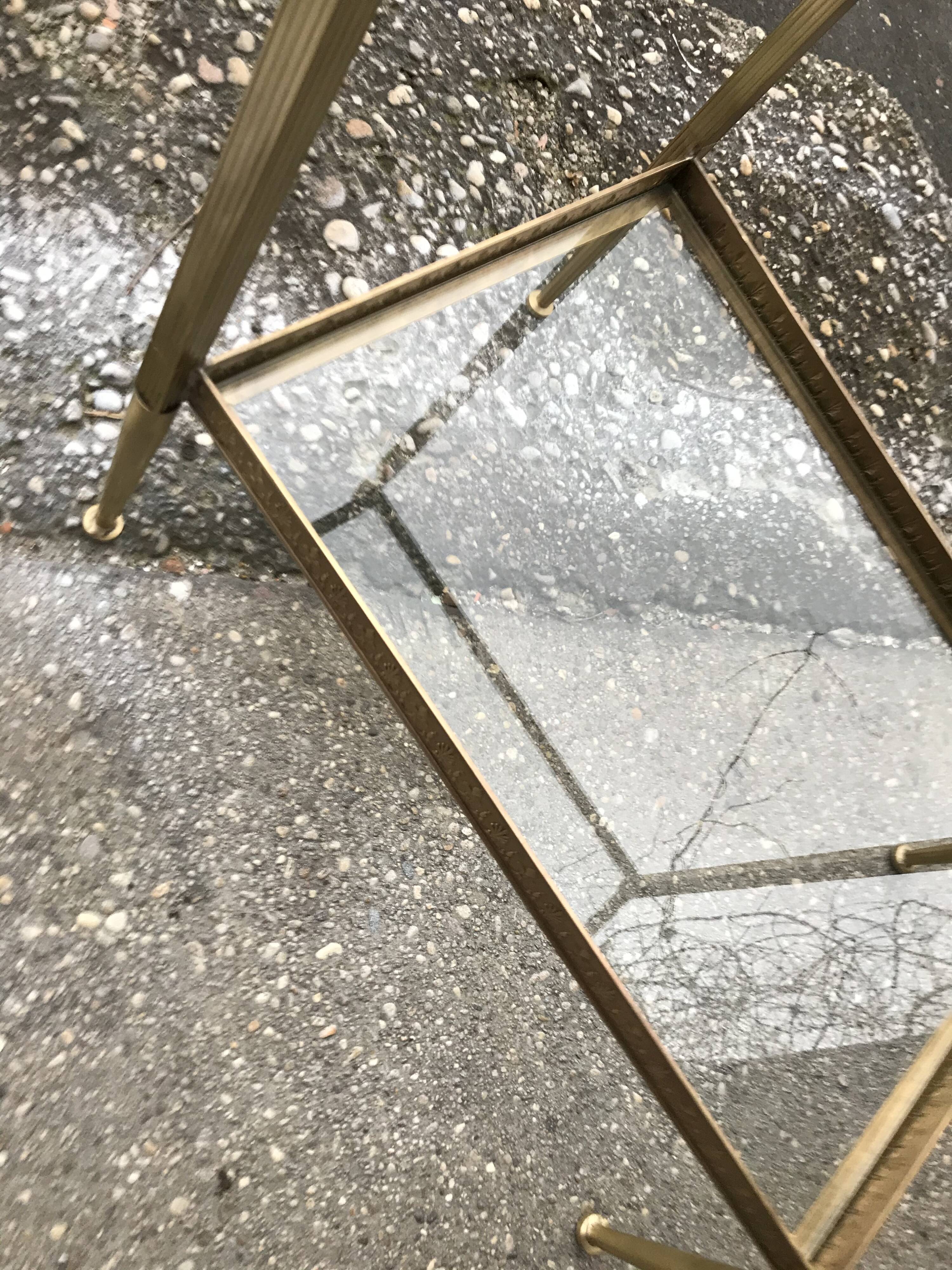 French  neoclassical brass side table with glass shelves 1950