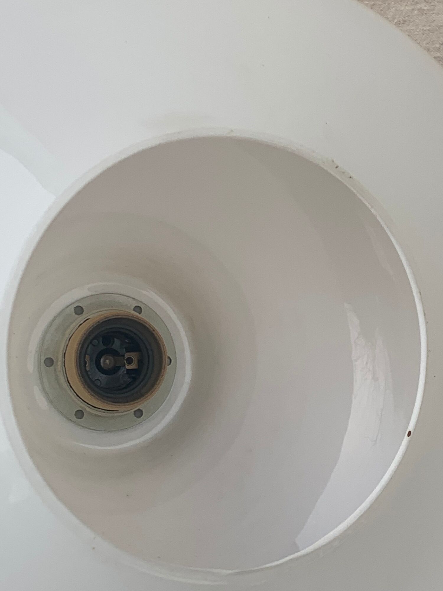 Pendant lamp, white opaline globe with a vintage red design floral pattern 1970