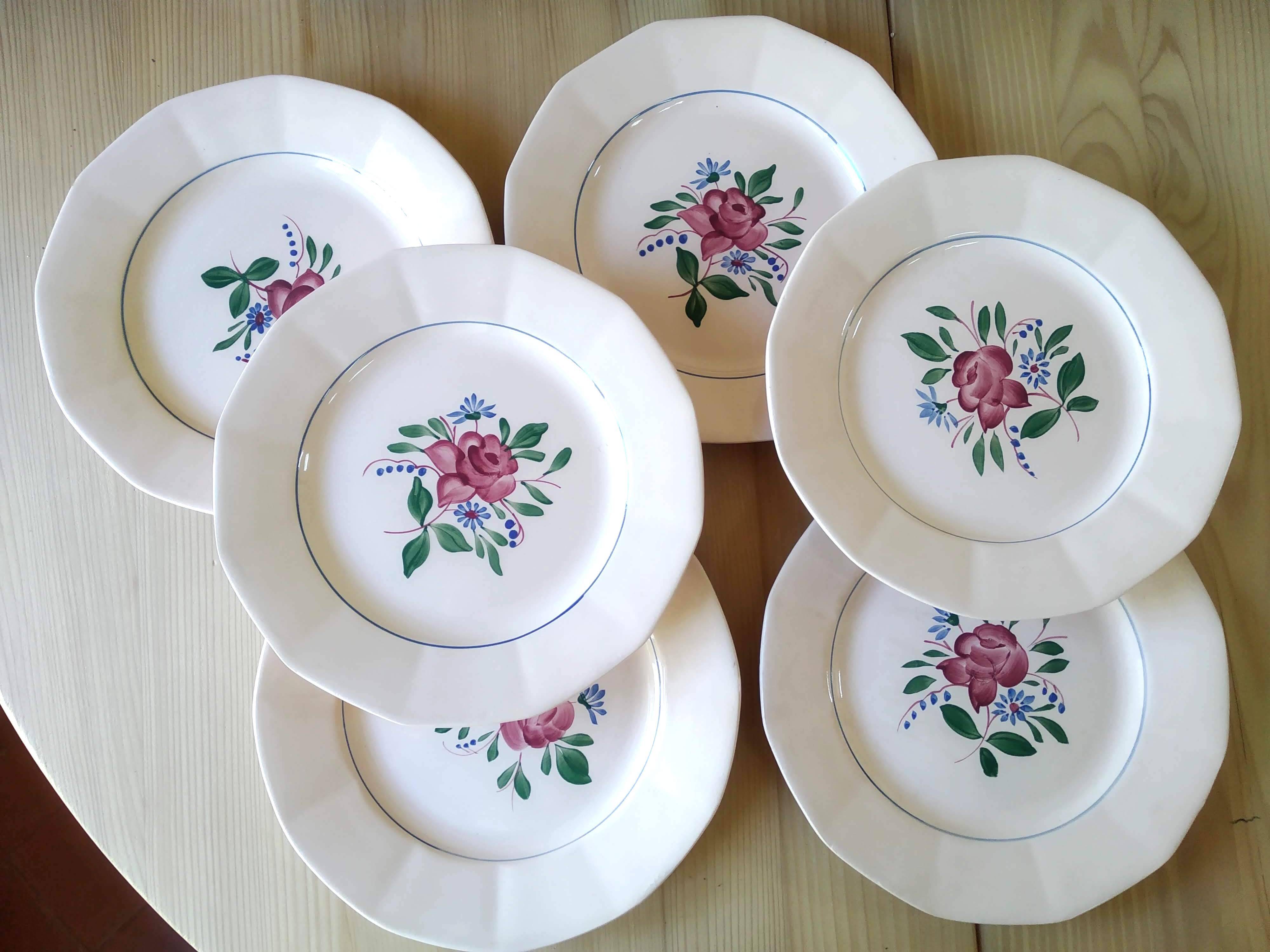6 Digoin Hand-Painted Flower Plates