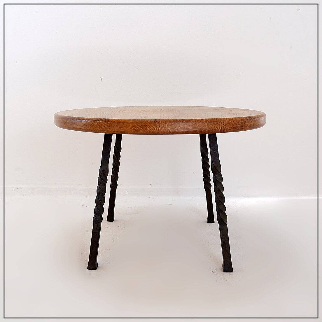 Round coffee table with twisted wrought iron base, France 1960s - Ø 67cm
