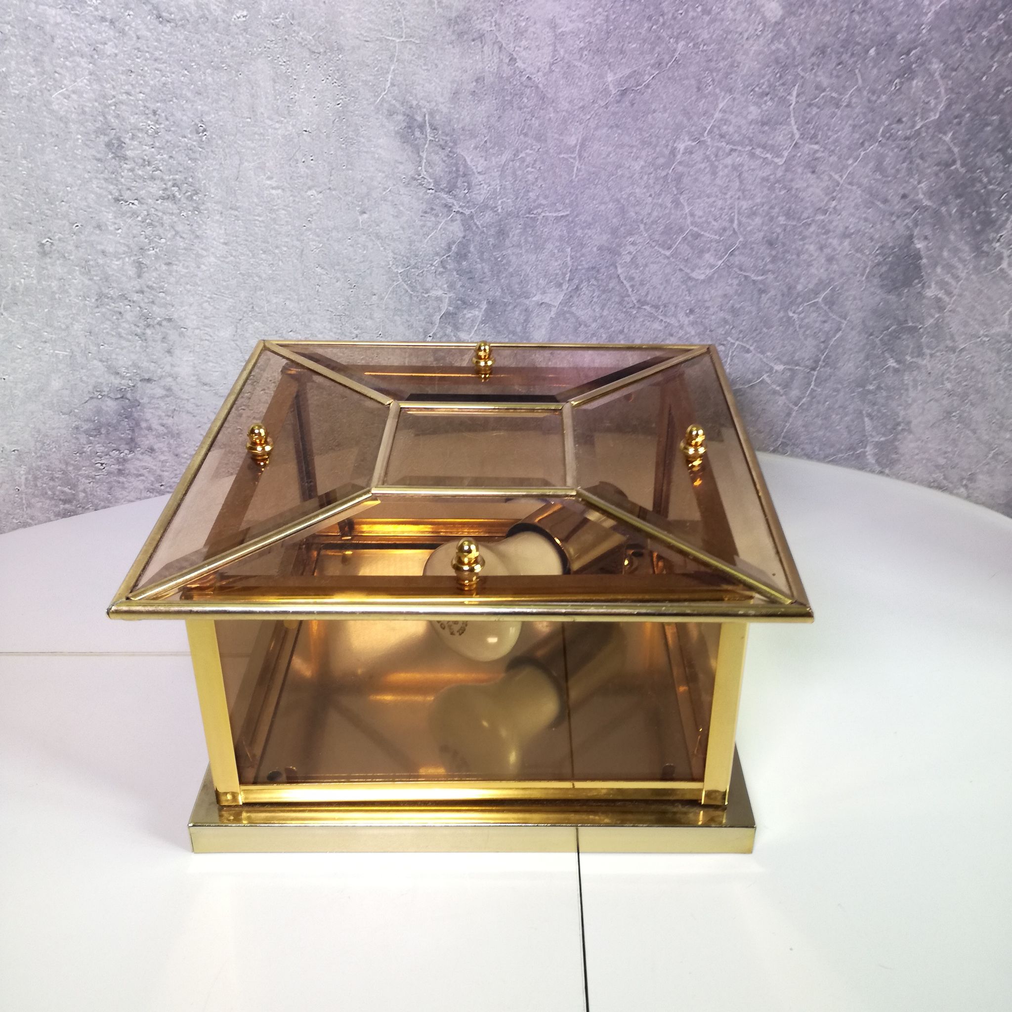 Ceiling lamp or square wall lamp in brass, beveled and tinted glass 1970