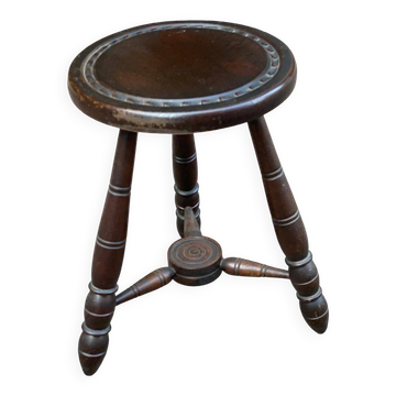 Tabouret tripode vintage des années 60 en bois sculpté style Charles Dudouy