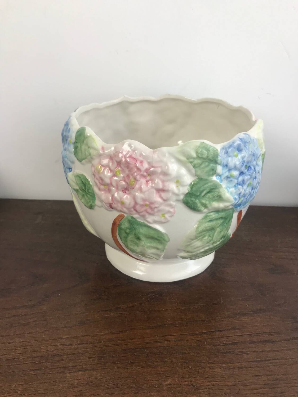 Vintage slip pot with hydrangea pattern