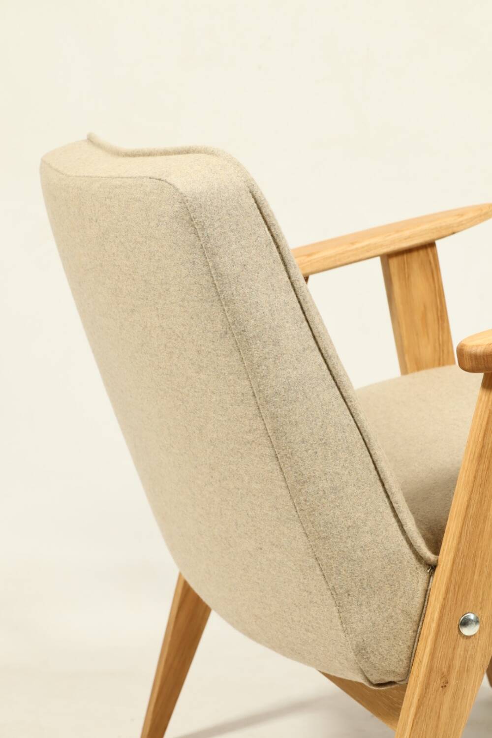 Scandinavian armchair beige wool natural oak wood chair design by Chierovski