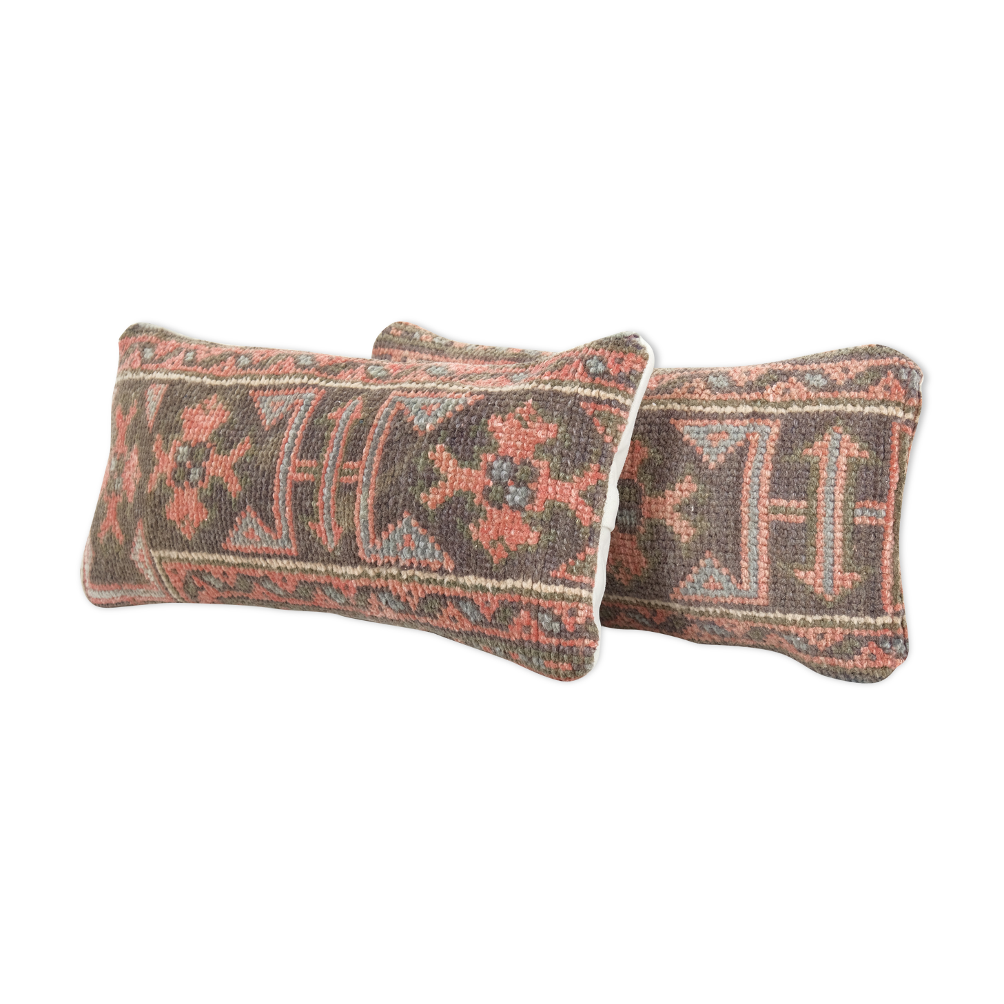 Organic wool muted brown carpet rug pillow, set of two faded ethnic turkish yastik pillow