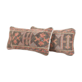 Organic wool muted brown carpet rug pillow, set of two faded ethnic turkish yastik pillow