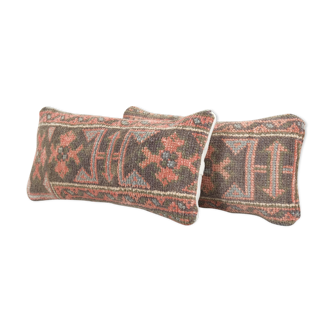 Organic wool muted brown carpet rug pillow, set of two faded ethnic turkish yastik pillow