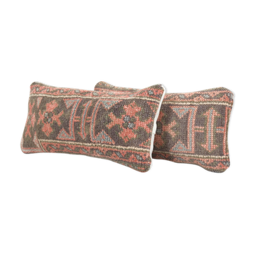 Organic wool muted brown carpet rug pillow, set of two faded ethnic turkish yastik pillow