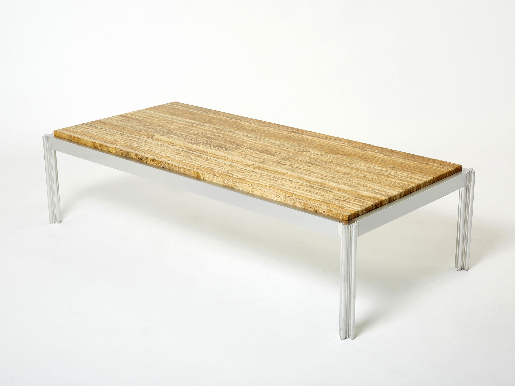 Table basse chrome aluminium travertin jaune George Ciancimino 1975