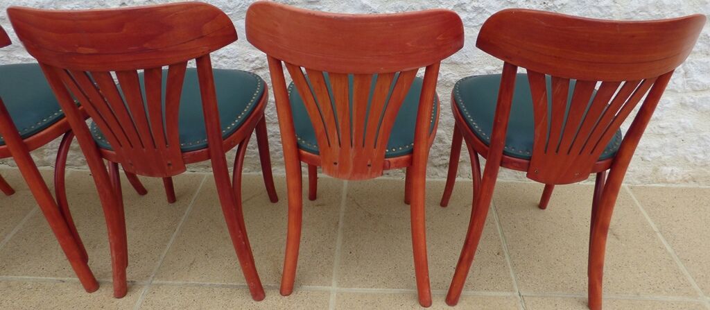 6 professional bar bistro chairs with green imitation seats in their patinas