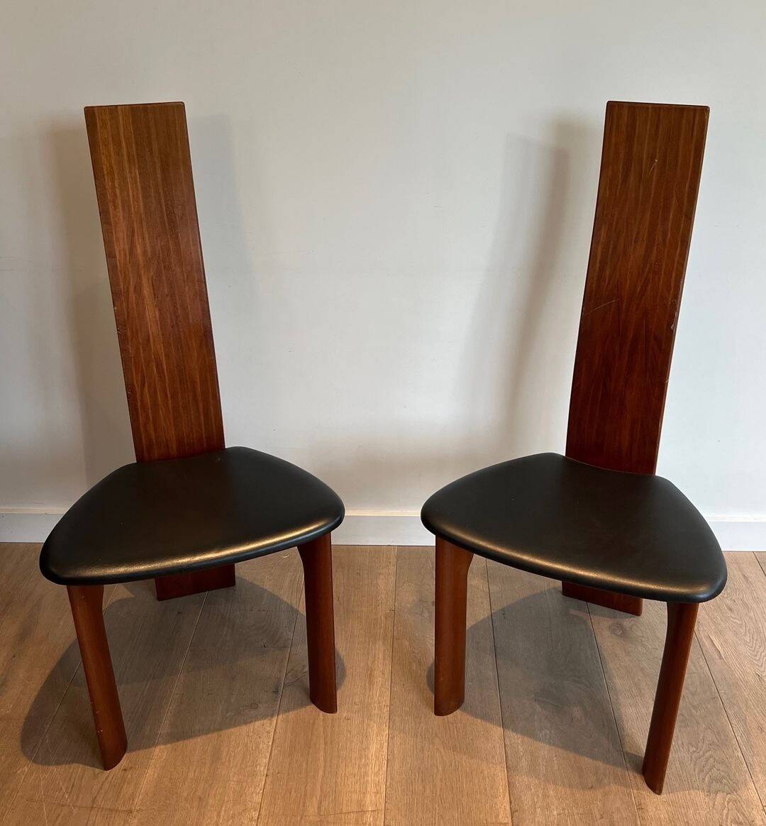 Pair of High Back Chairs, Exotic Wood & Black Leather, Scandinavian, varnished