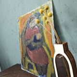 Peinture à l’huile figurative vintage non encadrée moderne du milieu du siècle « Affection »