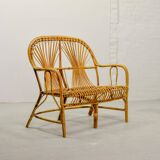 Elegant Rohé Style Vintage Design Rattan Bamboo Two-Seat Patio Sofa, 1950s.