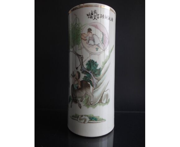Vase rouleau en porcelaine de Chine famille verte avec poême 28cm XIX |  Selency