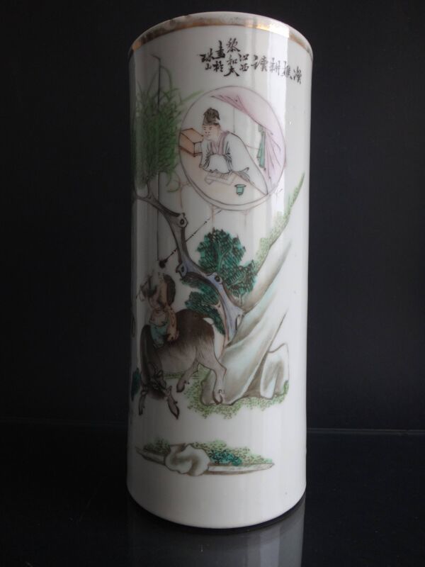 Vase Rouleau En Porcelaine De Chine Famille Verte Avec Poême 28cm Xix