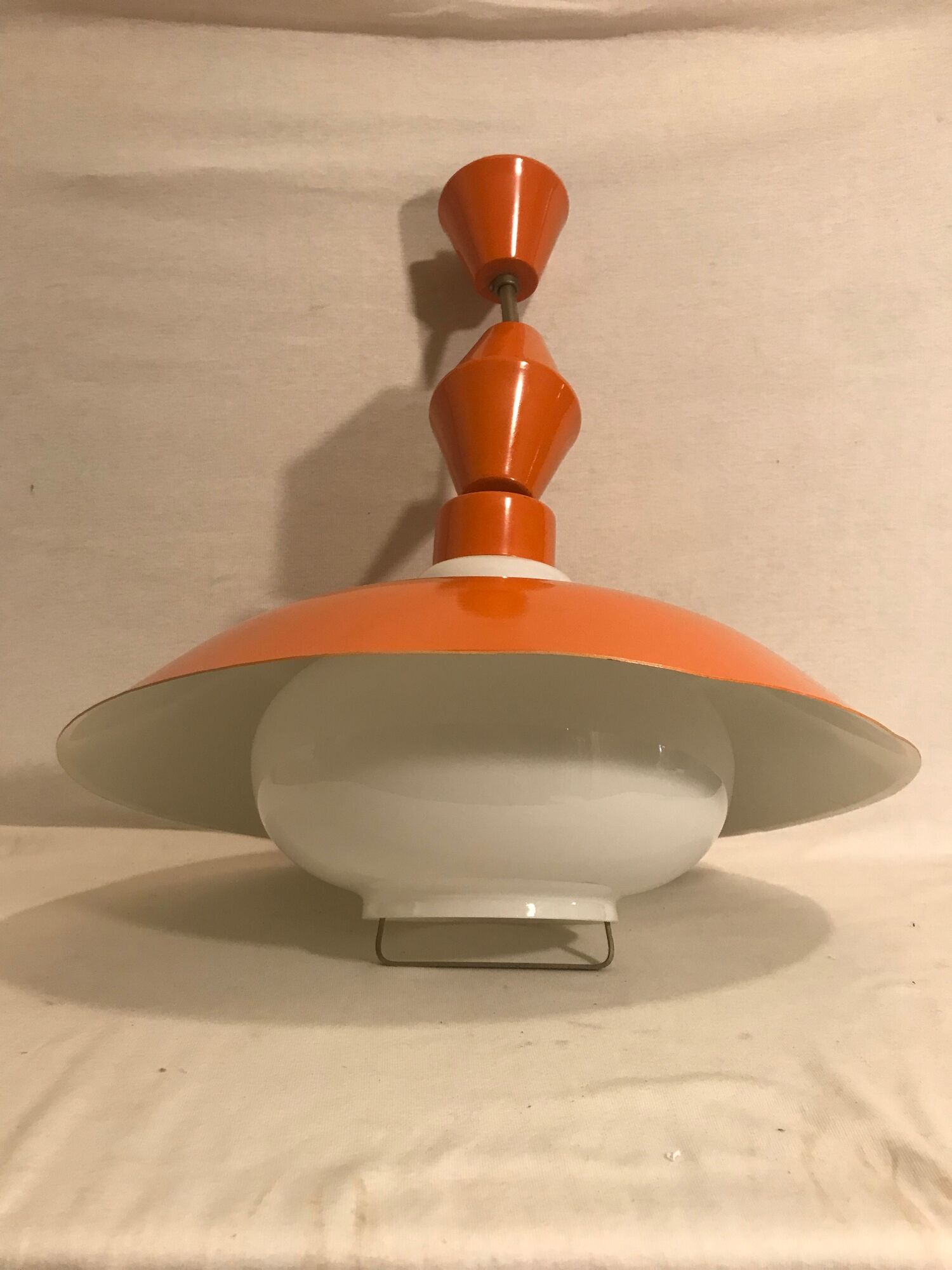 Hanging lamp old glass opal white, support & globe metal orange 70s vintage