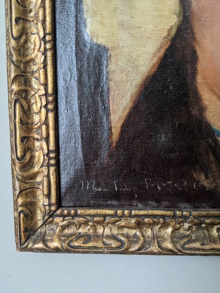 Oil on canvas antique female portrait countryside decoration old painting