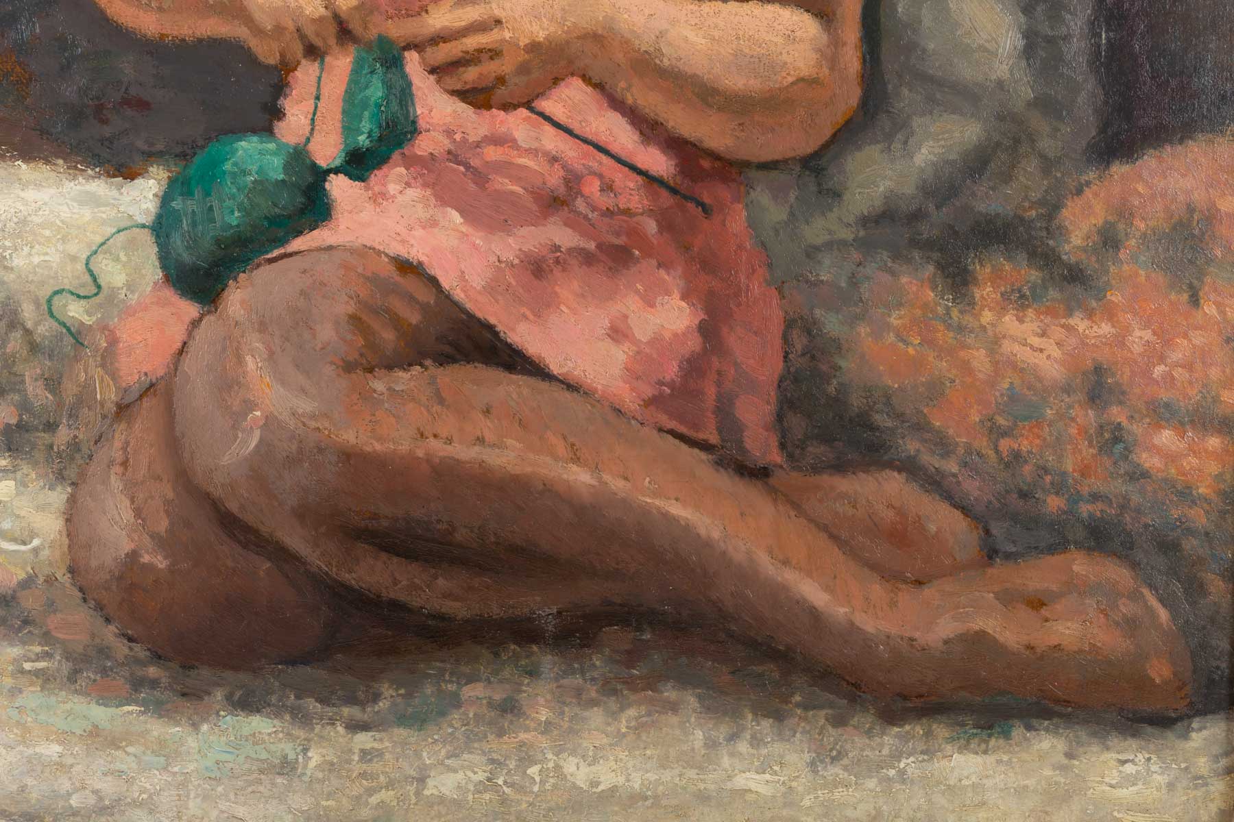 Painting, young knitting woman signed J. Nebesov 30