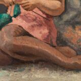 Painting, young knitting woman signed J. Nebesov 30