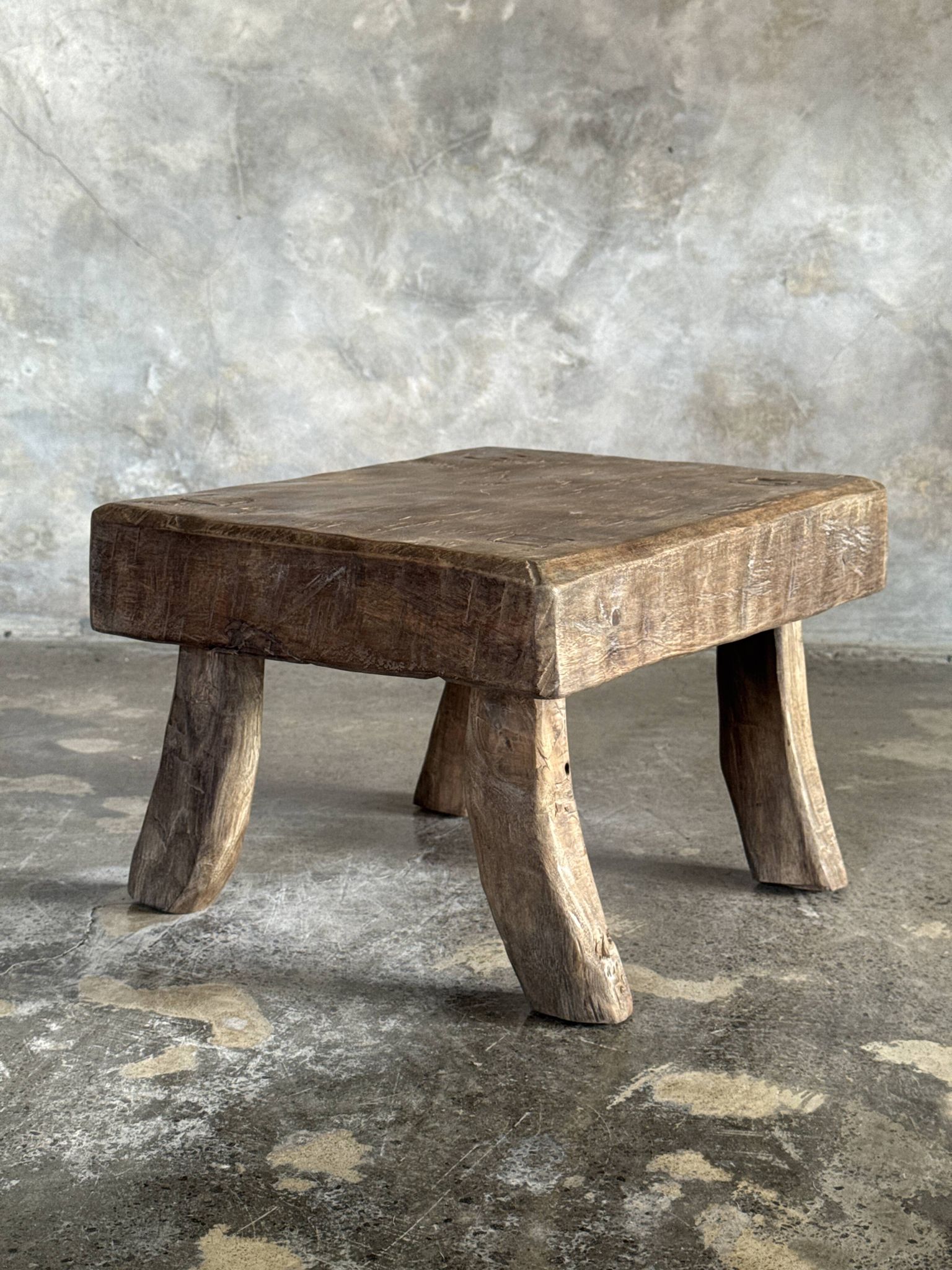 Small stool, rectangular accent stool in solid teak wabi-sabi H26
