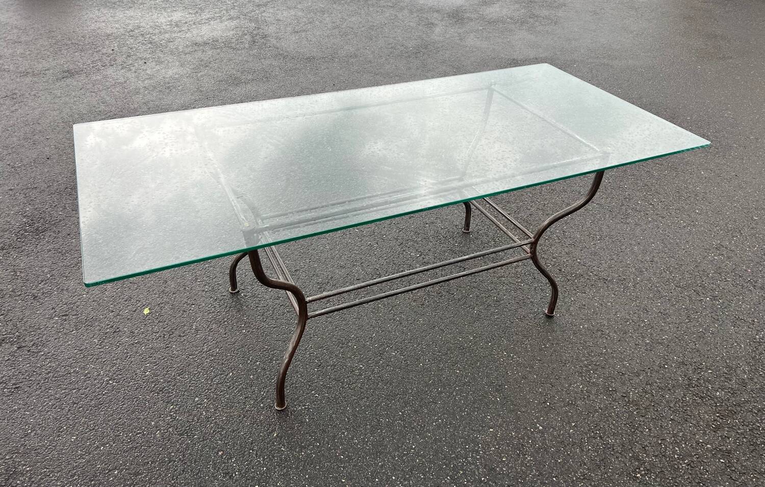 Rectangular table translucent glass top metal base vintage 1980