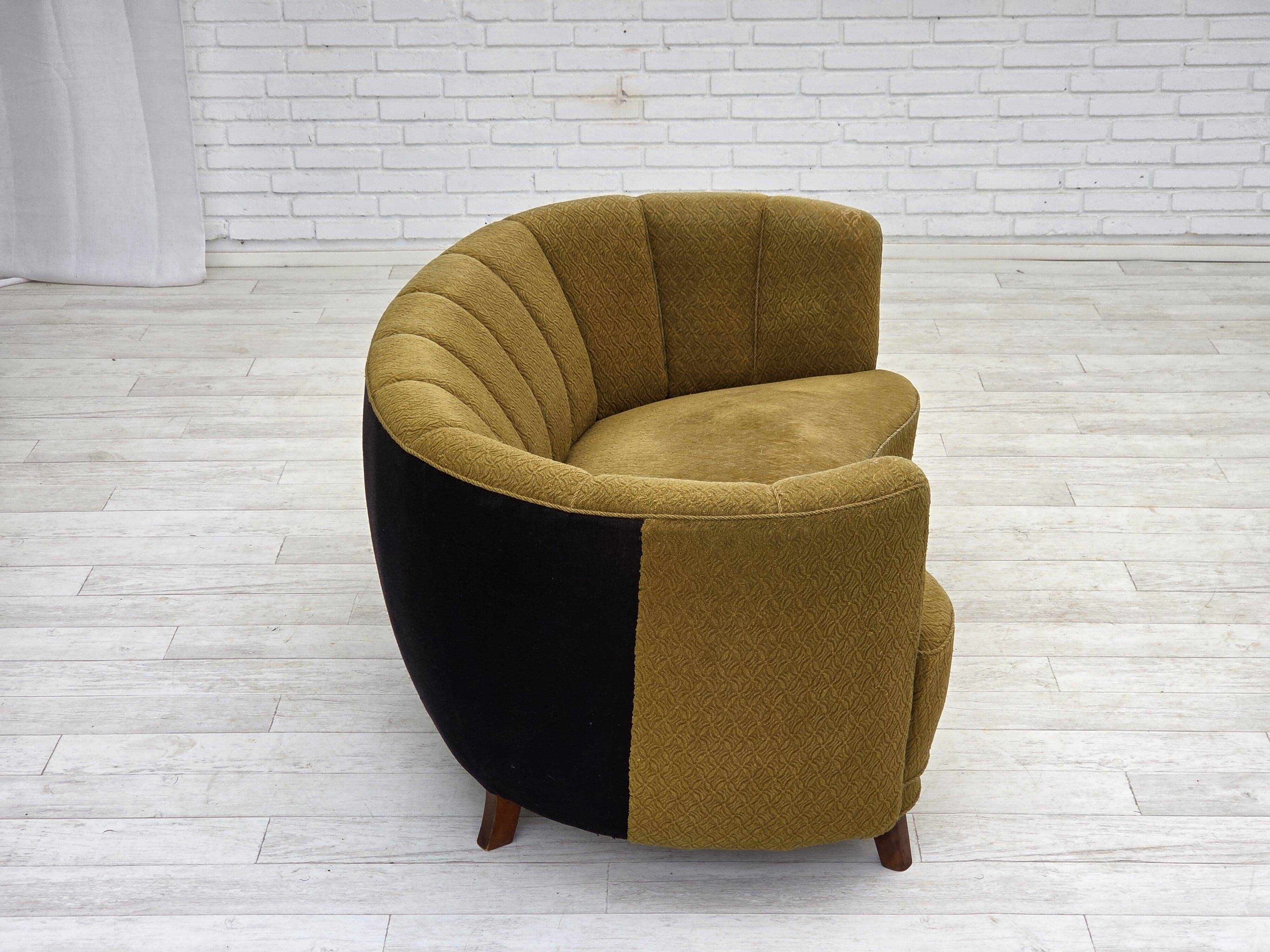 1960s, Danish 2-seater "Banan" sofa, green furniture wool, ash wood.