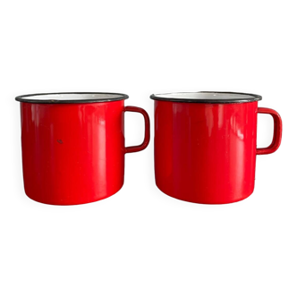 Red enameled sheet metal mug