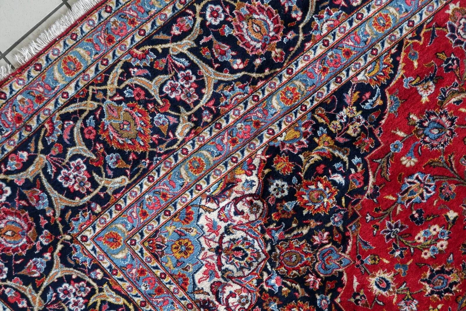 1920s handmade antique wool medallion rug, red & navy, 298 × 411 cm - 1C1302