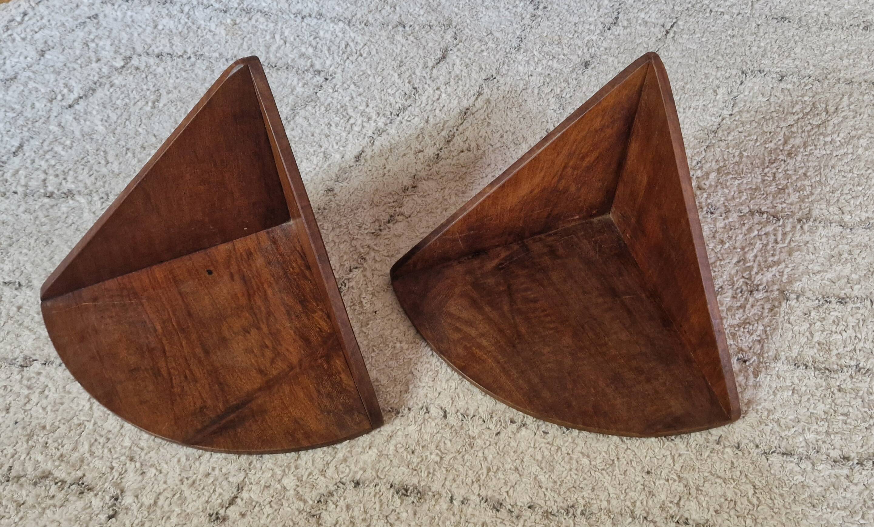 Pair of small wooden corner shelves, circa 1950