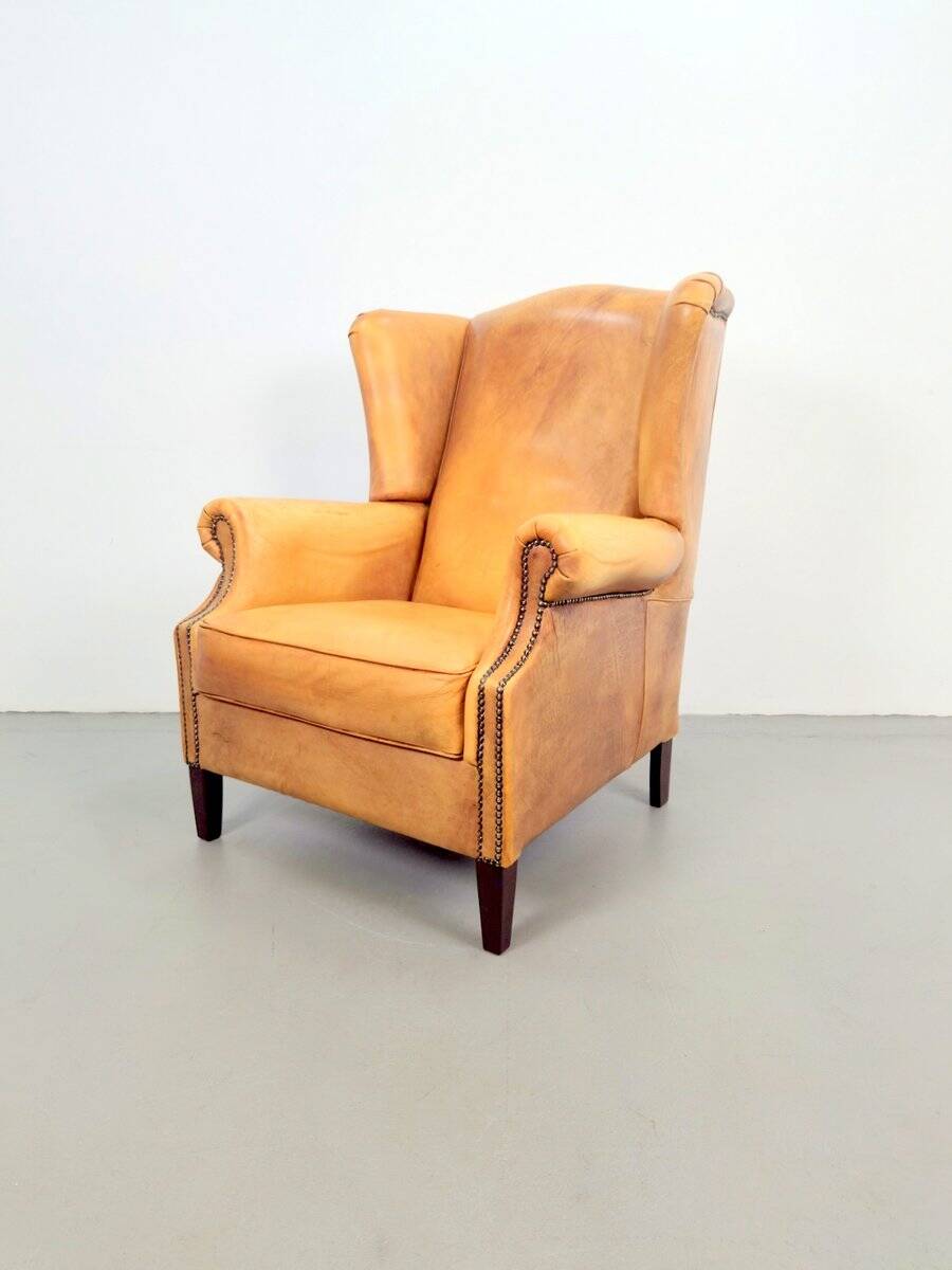 Vintage Sheepskin Leather Wing-Back Chair, 1970s