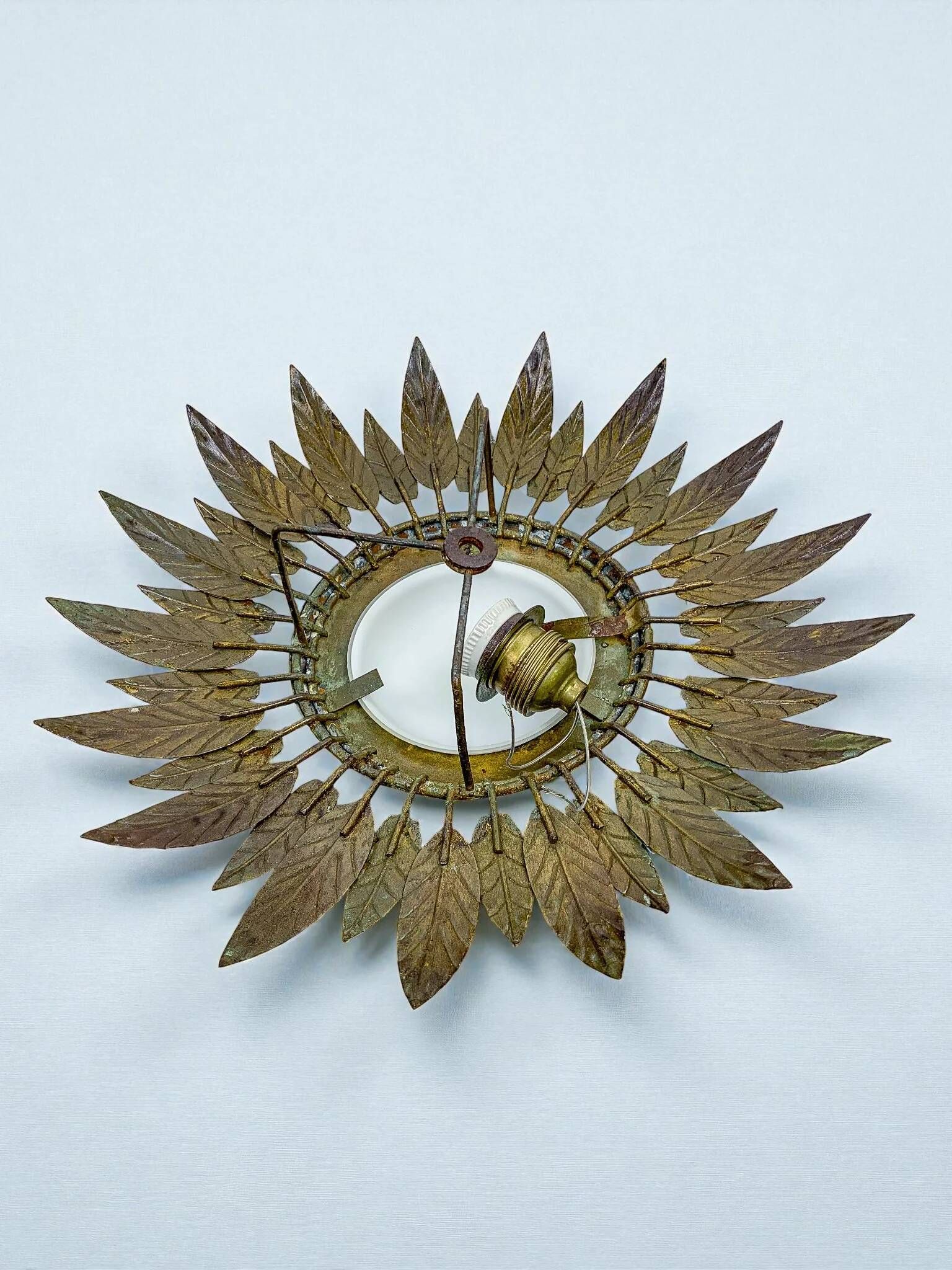 Spanish sunburst ceiling light – opaline glass & gilt iron foliage, 1960s