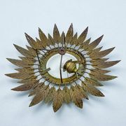 Spanish sunburst ceiling light – opaline glass & gilt iron foliage, 1960s