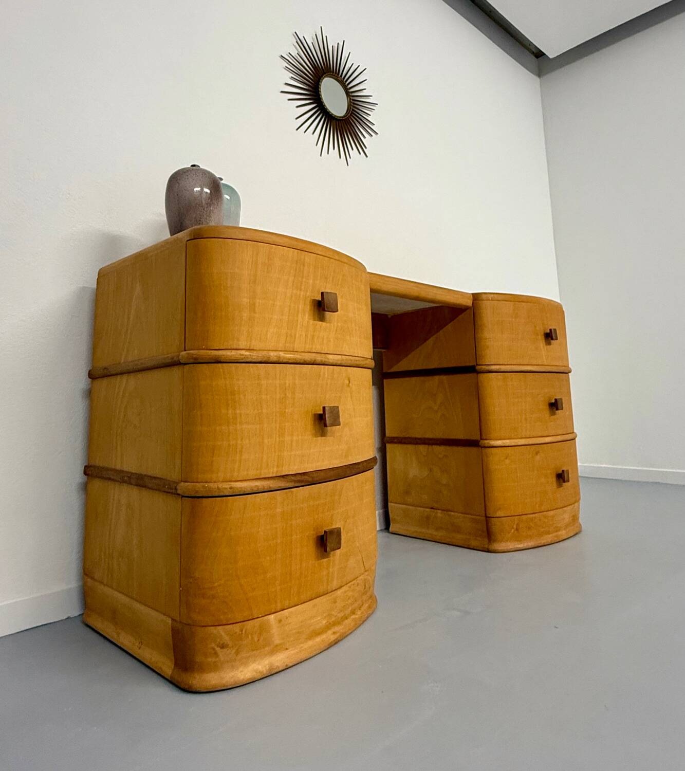 Old beech desk in art deco style with drawer, vintage 60s