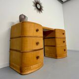 Old beech desk in art deco style with drawer, vintage 60s