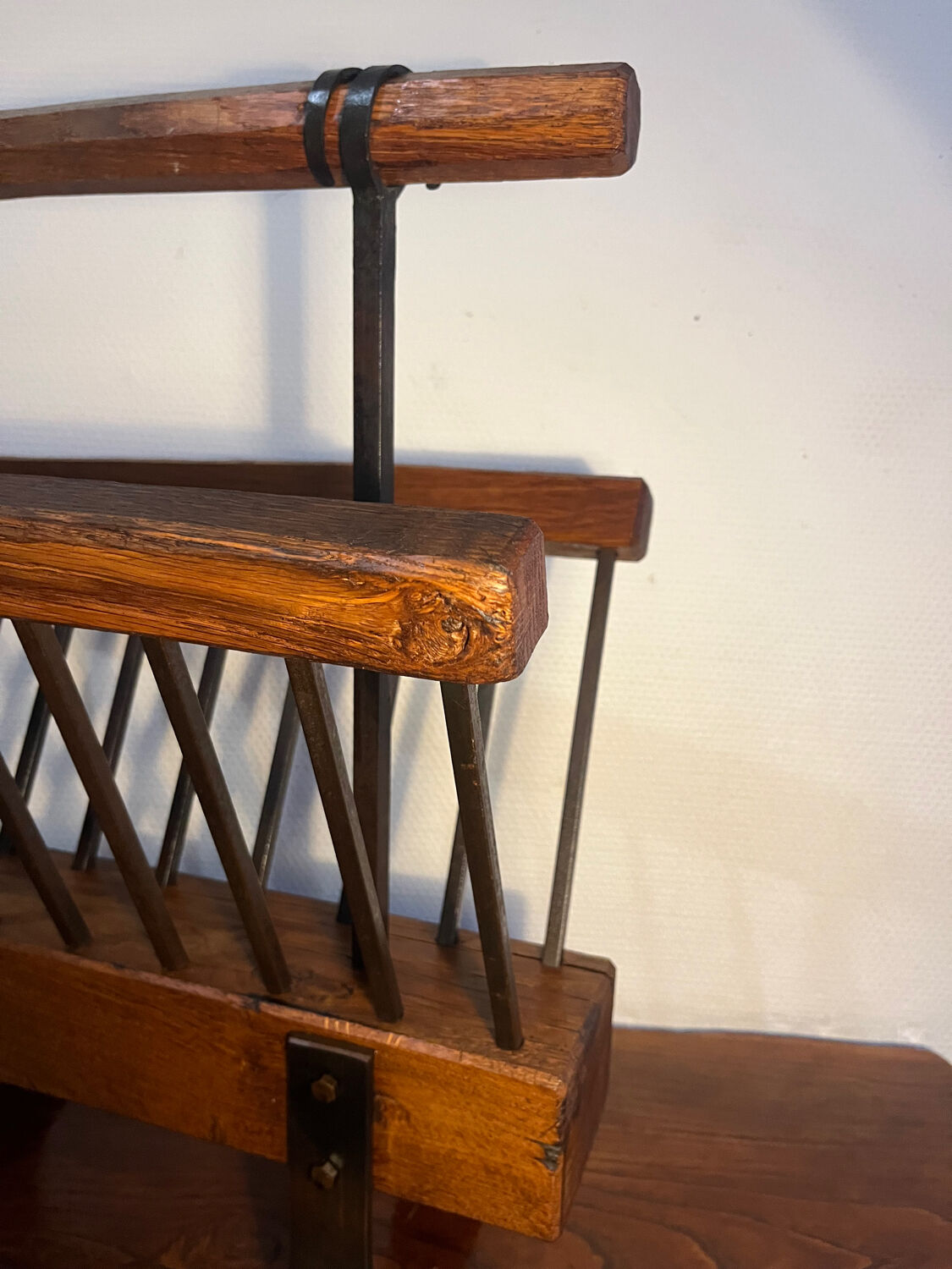 Brutalist magazine rack, solid wood and wrought iron