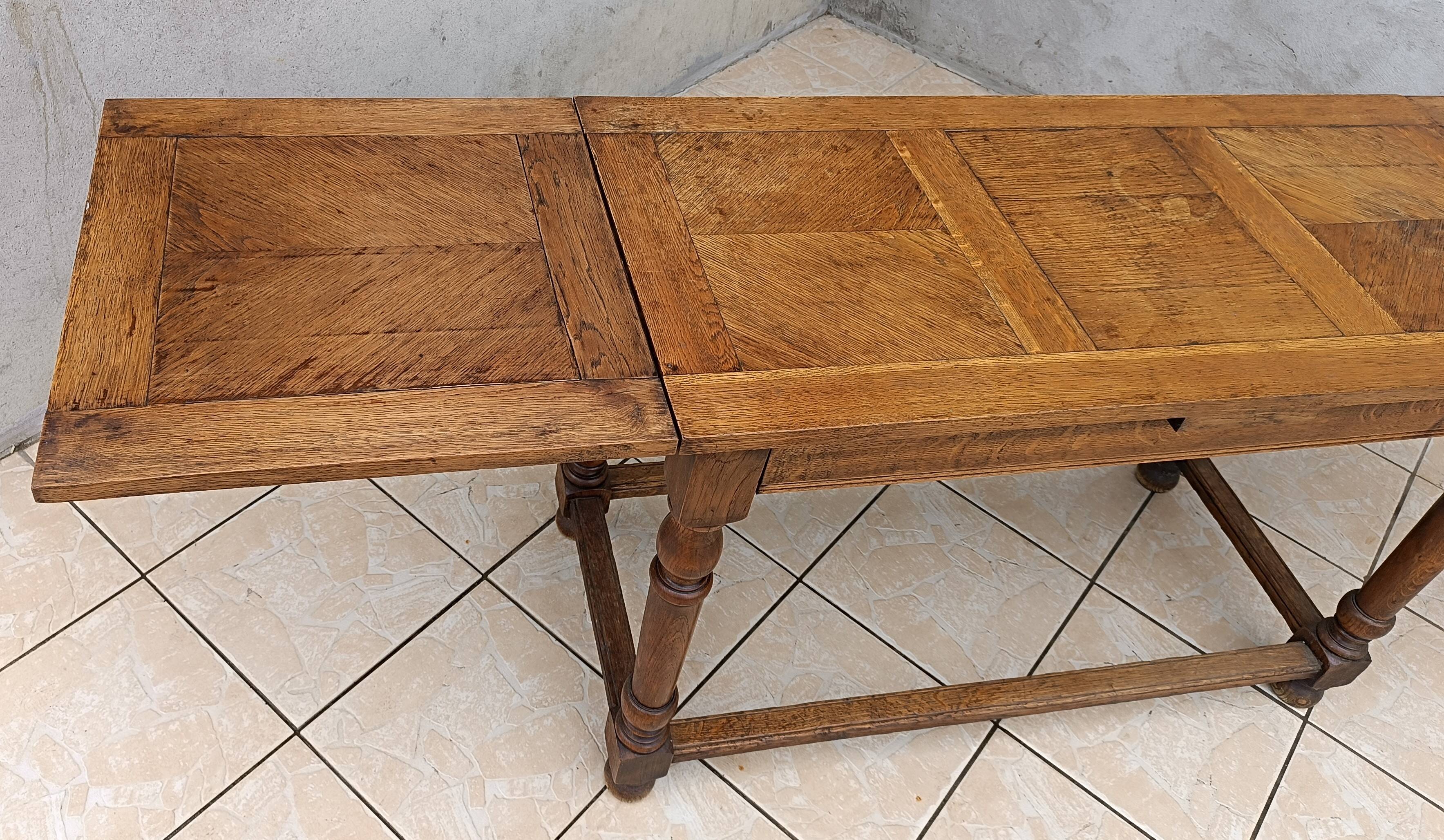 Table console rustique à rallonges en chêne début 20ème