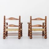Set of Oak and Rush Bobbin Armchairs Charles Dudouyt style , 1940s