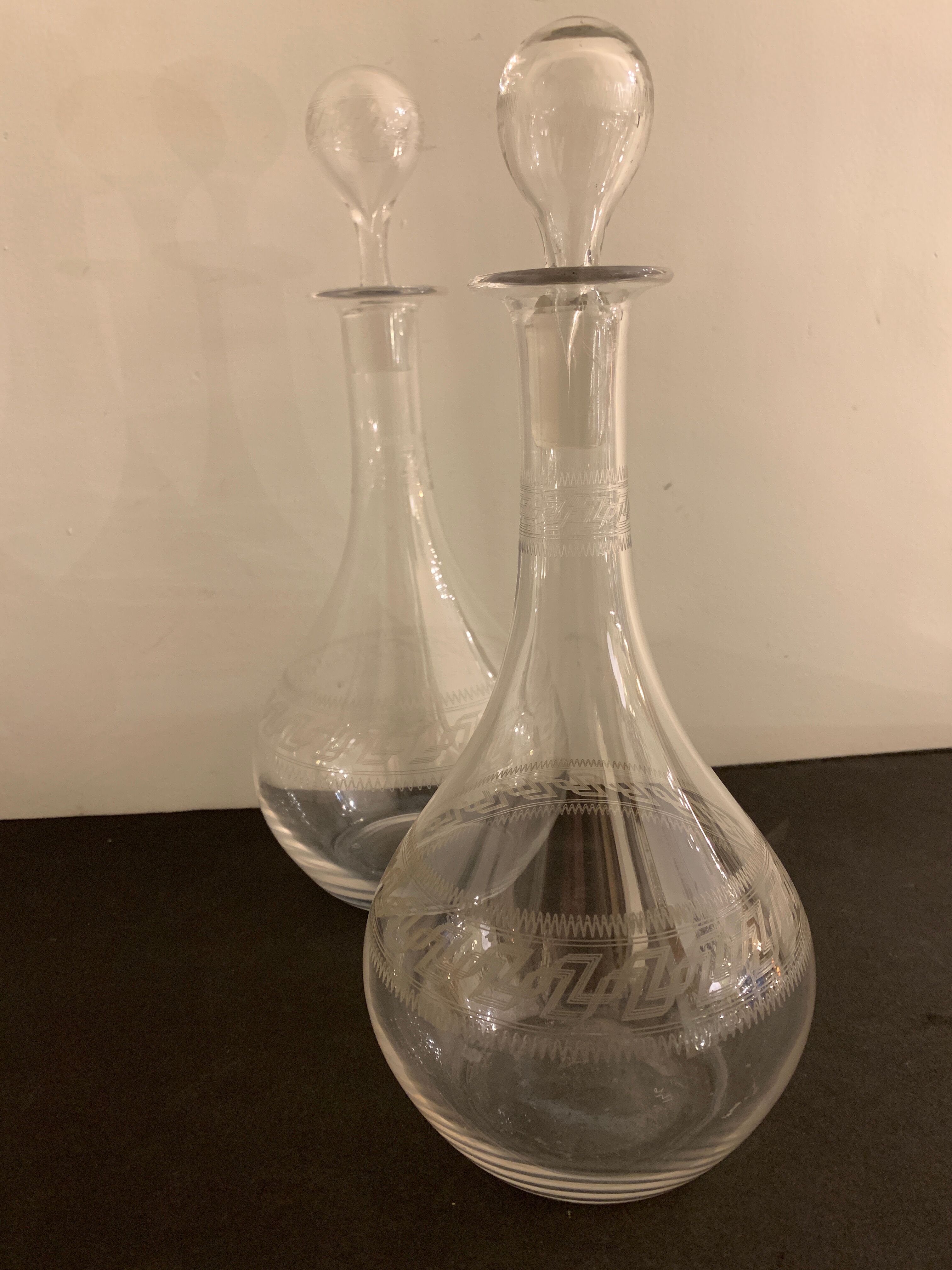 Pair of ancient decanters made of Baccarat crystal, Greek friezes